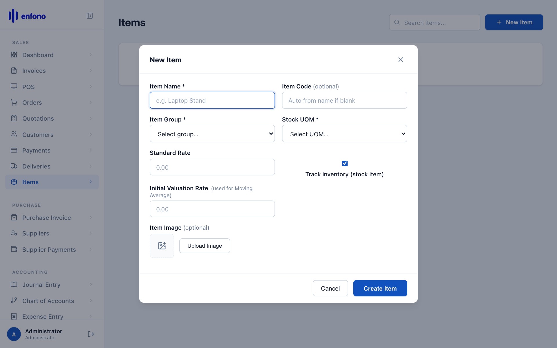 New Item form — all fields blank and ready to fill