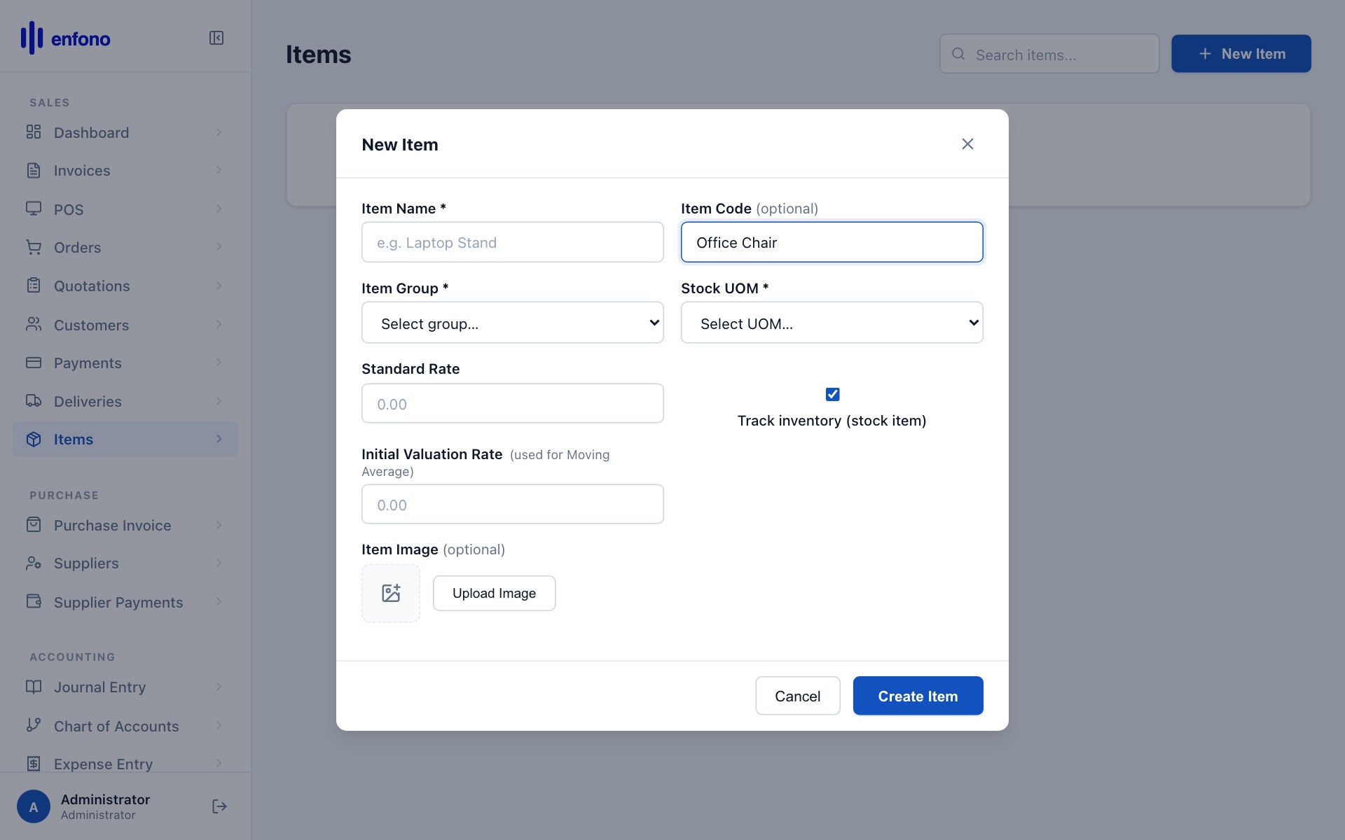 New Item form filled in — Office Chair with item code, price and stock settings