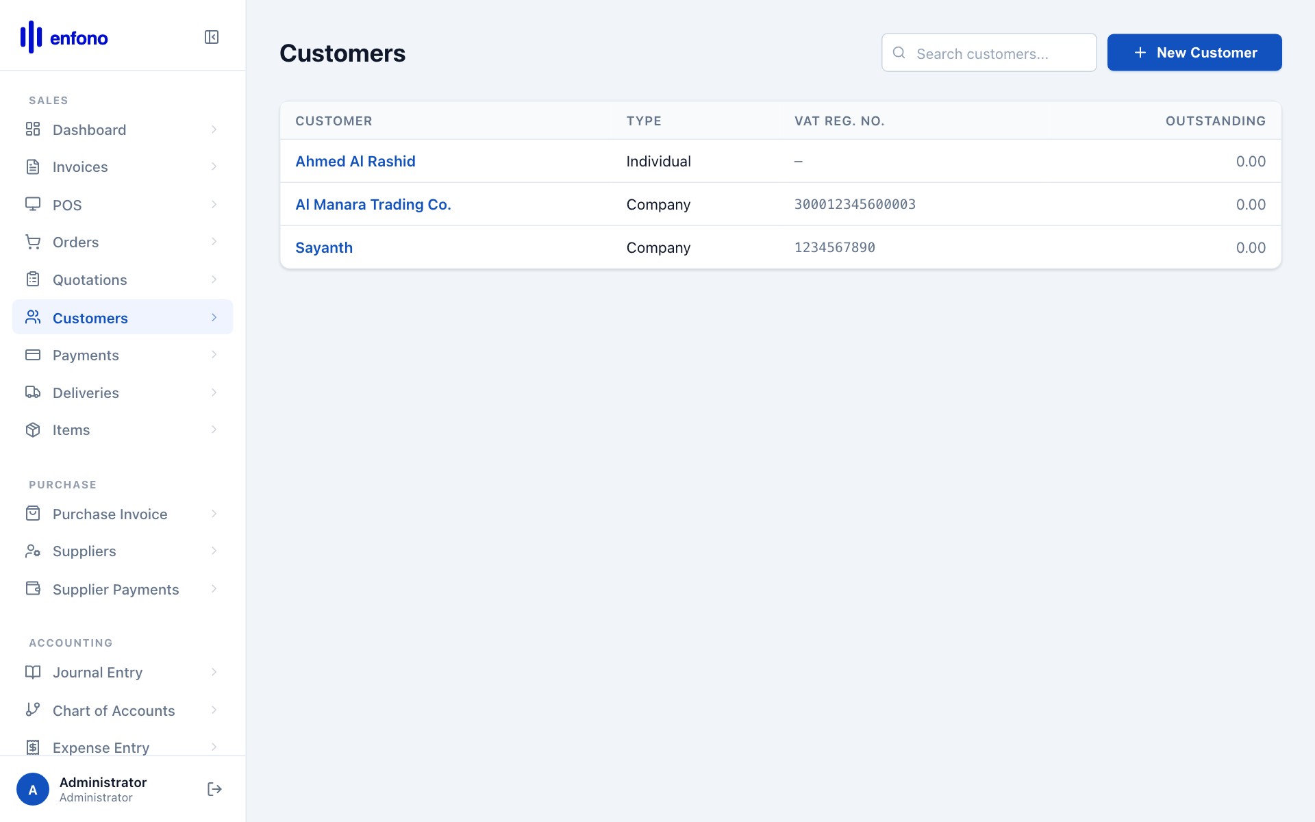 Customers list showing Al Manara Trading and Ahmed Al Rashid after creation