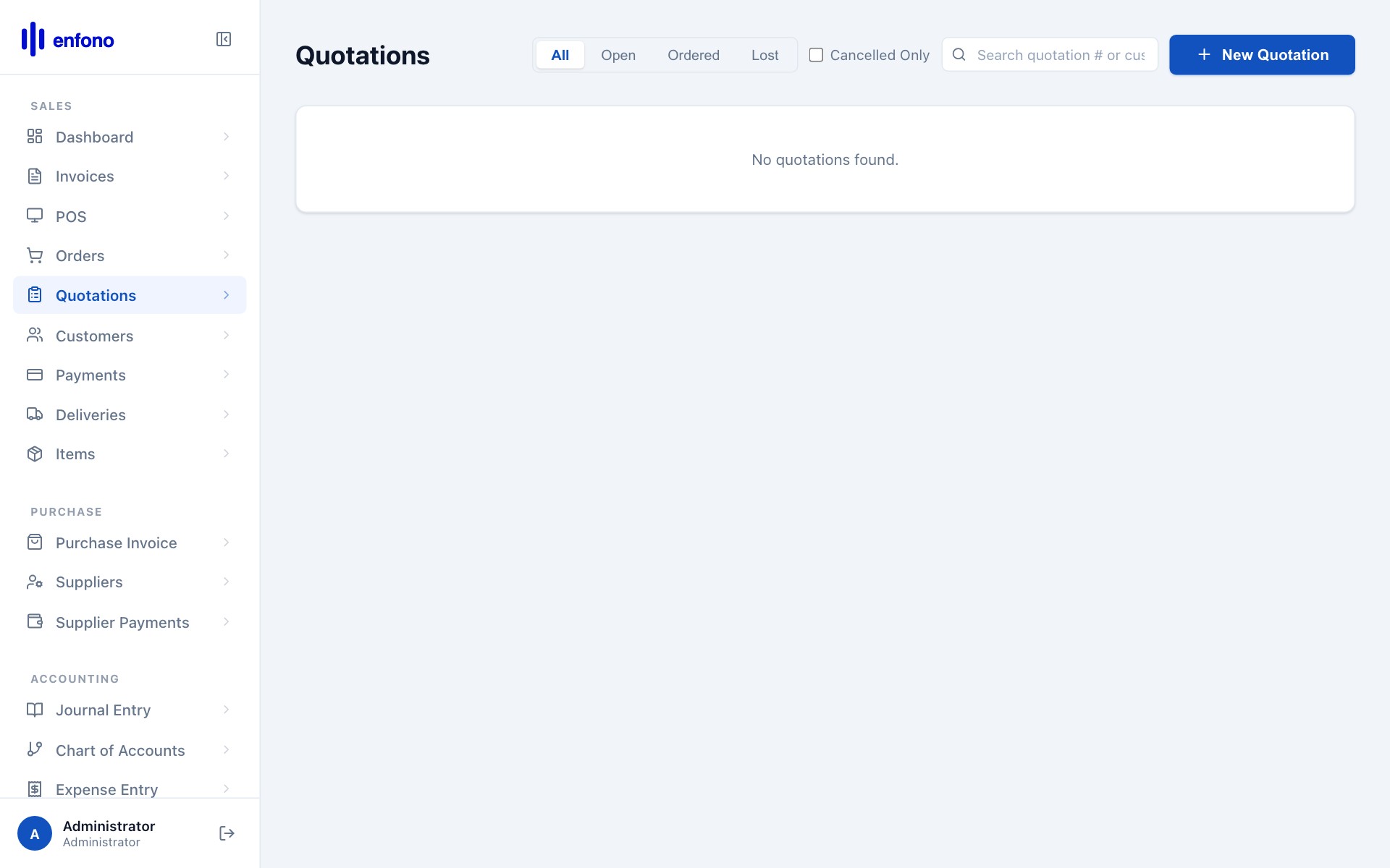 Quotations list — all open and closed quotations