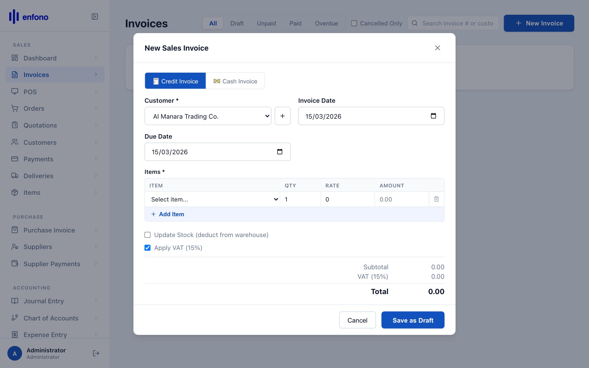 Invoice with customer selected and item added